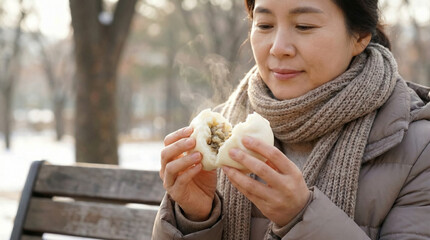 Woman Enjoying Korean Hoppang Outdoors in Winter