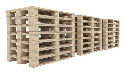Stacked wooden pallets in industrial warehouse storage perspective isolated on transparent background