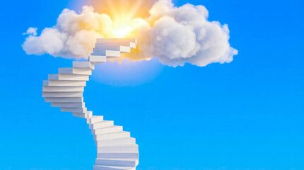 Success career growth concept with white staircase leading to clouds in blue sky motivation achievement goal future ambition vision progress business background copy space step rise