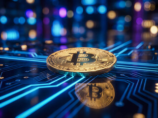 Cryptocurrency blockchain technology concept with golden bitcoin coin on high tech digital circuit board background finance innovation internet data money future copy space electronic