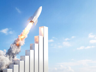 Rocket launching from growing financial bar chart business success startup scale up concept motivation achievement goal future innovation background copy space finance rise speed progress technology