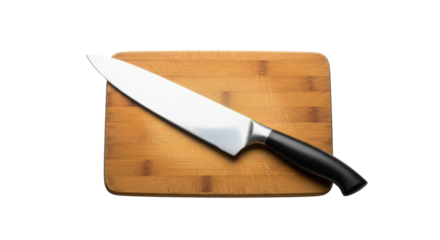 Sharp metal kitchen knife with black handle resting on wooden cutting board image, Isolated On Png Transparent Background