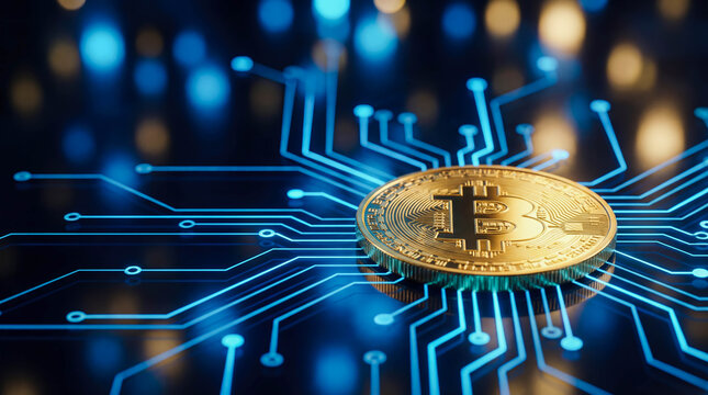 Cryptocurrency blockchain technology concept with golden bitcoin coin on high tech digital circuit board background finance innovation internet data money future copy space electronic - Powered by Adobe