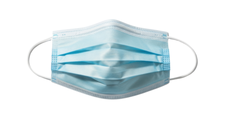 Light Blue Disposable Face Mask with White Ear Loops on Black Background medical protection, Isolated On Png Transparent Background