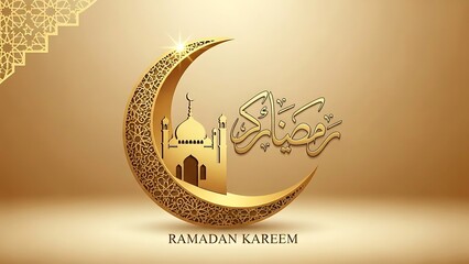 Ramadan kareem 2023 crescent moon with mosque and arabic calligraphy
