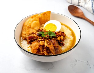 Delicious bowl of Soto soup with chicken, egg, and crispy crackers