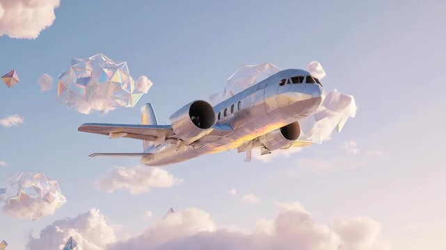 A metallic airplane soars through a sky filled with geometric, floating forms
