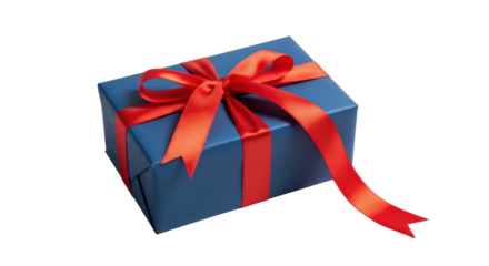 Blue gift box with red ribbon bow on black background image, Isolated On Png Transparent Background