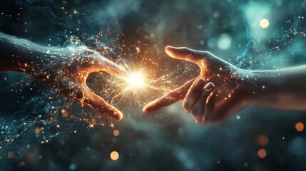 Human hand reaching toward technological hand with glowing knowledge light