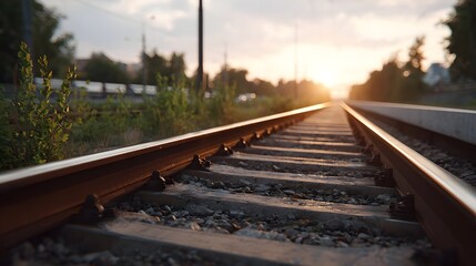 Fototapeta premium Railway tracks stretching towards a warm sunset horizon symbolizing journey and future possibilities