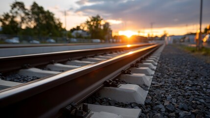 Train tracks illuminated by the golden light of a sunset leading towards the horizon