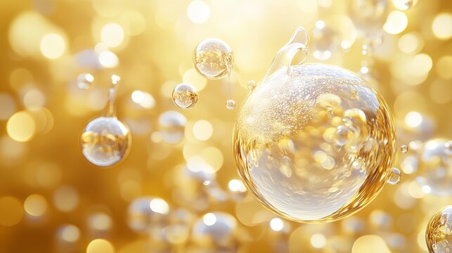 3d skincare serum bubbles with collagen and hyaluronic nutrients on gold background