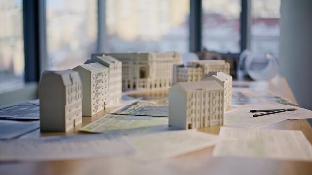 Miniature houses models office table closeup. Project residential layout at desk