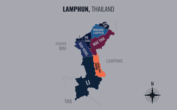 A map showing Lamphun Thailand divided into districts in a minimalist colorful style