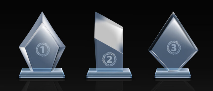 Glass award trophies set with rank numbers in round laurel frames. Vector realistic illustration of abstract transparent crystal prize, competition victory reward, success recognition, triumph symbol