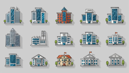 Collection of diverse building illustrations in flat design style.