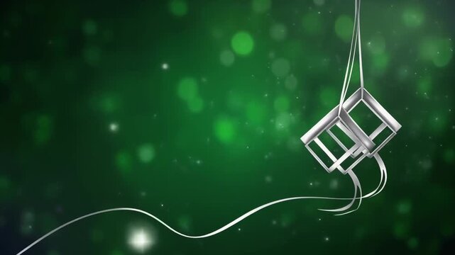Silver abstract geometric ketupat design hanging on a string against a dark green bokeh background with swirling lines, evoking festive celebration.
