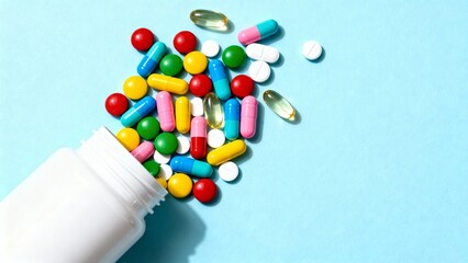 Assorted pharmaceutical pills in vivid colors spilling from container on pastel background representing treatment wellness and medical care