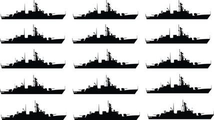Naval warship silhouette collection, destroyer frigate comparison, radar weapon layout, black vector fleet, cad drawing flat vector illustration © LILUFA
