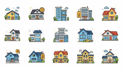 Collection of diverse house and building icons for real estate.