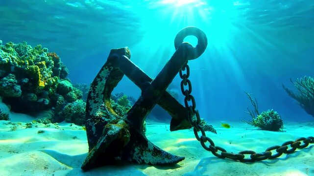 Old rusty anchor lies on the ocean floor surrounded by coral reefs and sunlight rays shining through the water, creating a serene underwater scene with visible fish and sandy seafloor.