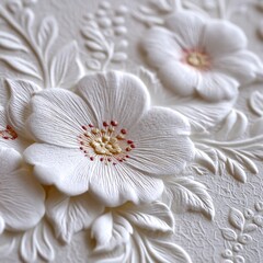 White Embossed Flowers Relief Pattern on Textured Background, Elegant Close-up