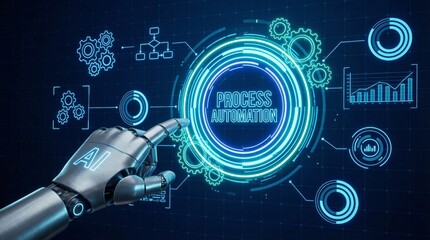 Futuristic robotic hand points to process automation interface, digital transformation, and modern technology concept on a dark blue