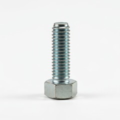 Closeup view of a large silver hexagonal head bolt and threaded shaft, providing robust mechanical joining capabilities. Simple white backdrop ,threaded, technology, mechanical