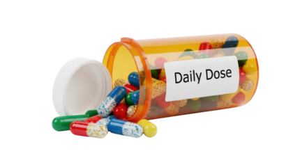 Orange prescription bottle with colorful pills spilling out and label capsules medicine, Isolated On Png Transparent Background