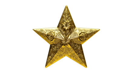Ornate golden five pointed star with floral embossed pattern on black image, Isolated On Png Transparent Background