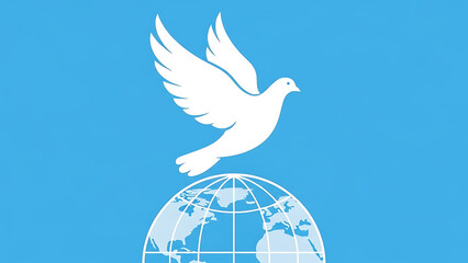 White dove flying above earth globe on blue background, world peace and global unity concept, freedom and hope message, international relations theme for humanitarian communication, education