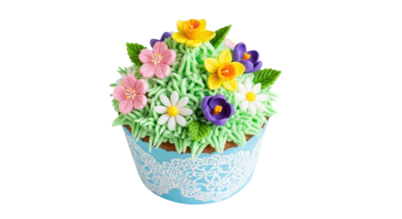 Blue cupcake with green frosting grass and colorful fondant flowers dessert sweet, Isolated On Png Transparent Background