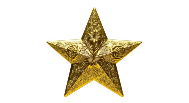 Ornate golden five pointed star with floral embossed pattern on black image, Isolated On Png Transparent Background - Powered by Adobe