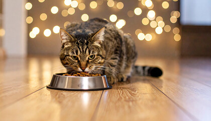 Hungry Cat Eating Dry Food in Cozy Home Interior