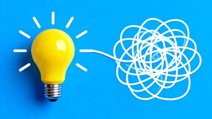 Bright yellow light bulb on blue background with tangled white line symbolizing clarity emerging from creative chaos