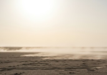 Strong gusts of wind whip up fine dust across a vast, barren landscape under a pale sun, illustrating extreme arid conditions and movement ,desert ,blowing ,swirling