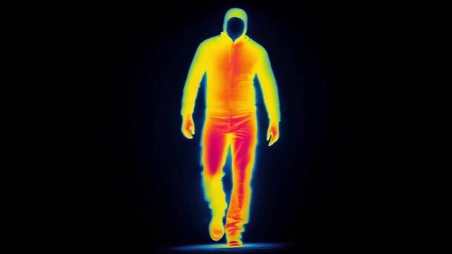A man walks towards the camera in a bright thermal display showing color patterns against a dark background