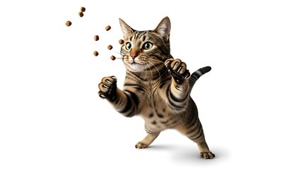 Striped domestic cat leaping with extended claws to catch dry food on white