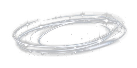 Light silver glowing swirl with sparkling star flares and floating bokeh particles on a transparent background, PNG.