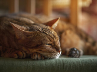 Sleepy  bengal cat sleeping on chair at home. Closeup.