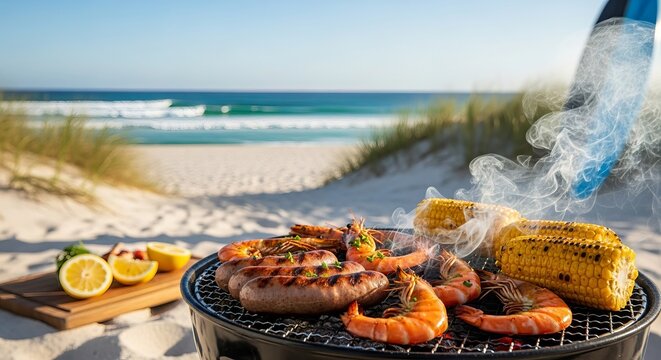 Delicious food grilling on a beach bbq, featuring fresh seafood and corn, an ideal Australian beach party concept for summer holidays.