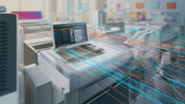 Closeup medium shot showing workflow integration of digital twin prepress preview software highlighting seamless transition from design to print.