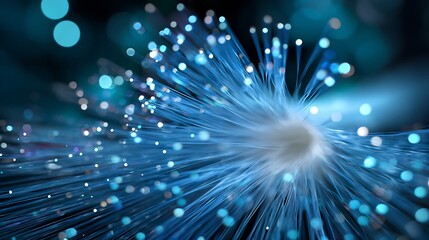 Fiber Optics Transmitting Data with Glowing Blue Light and Bokeh Effect