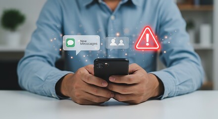 Cyber Security Concept: Man Using Smartphone with Red Warning Alert Icon, Message Notifications and Data Privacy Protection Symbols