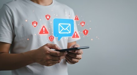 Technology Integration: Male User Checking Smartphone for Important Email Updates and Social Media Notifications with Creative Graphic Overlays