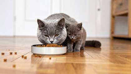 Cute British Shorthair Mother and Kitten Feeding Together