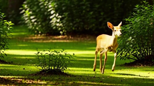 baby deer attempting small leap over bush. Deer misjudges, lands awkwardly but safely, shakes, then trots forward proudly. Green forest floor, video