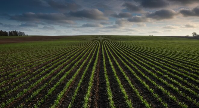 Early spring landscape showing agricultural land transitioning from winter dormancy to new life, with rows of dark, damp soil, horizon, dark, fresh