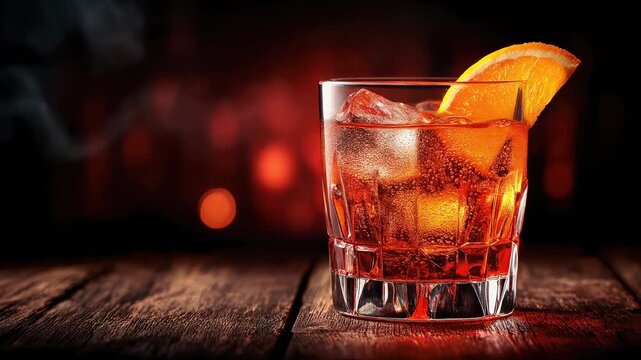 A vibrant cocktail in a glass with ice and an orange slice on a wooden surface.