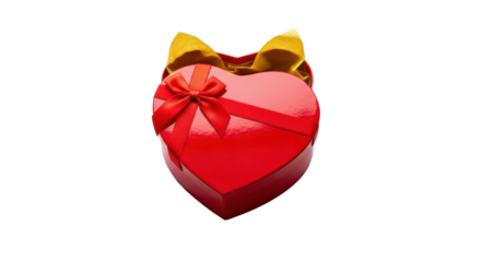 Red heart shaped gift box with yellow tissue paper and red ribbon image, Isolated On Png Transparent Background